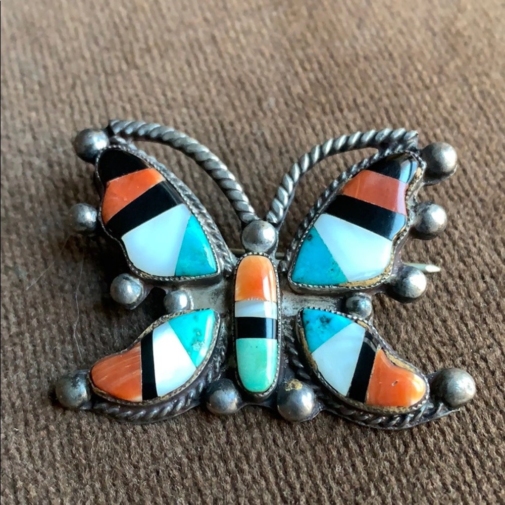 🌞Mid-Century Zuni Silver Inlay Butterfly Pin! - Picture 2 of 8